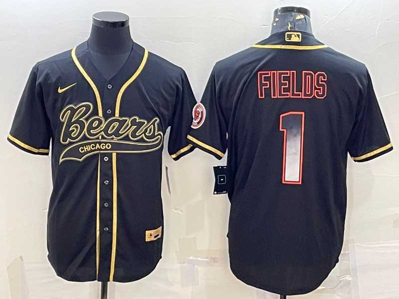 Mens Chicago Bears #1 Justin Fields Black Gold With Patch Smoke Cool Base Stitched Baseball Jersey